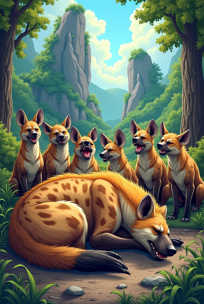A sleeping hyena while a pack of hyenas are laughing at her in the background of the image, they are in the forest and that place contains many giant rocks, comic book style. the scene contains vibrant and quite striking colors.