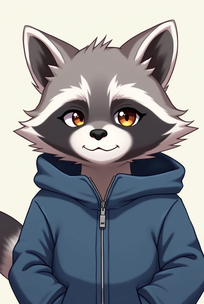 headshot of a fluffy, gray-furred anthropomorphic raccoon, closed smile, He has brown eyes, grey ears, he is wearing a blue jacket, high quality furry art, high quality fursona ref.