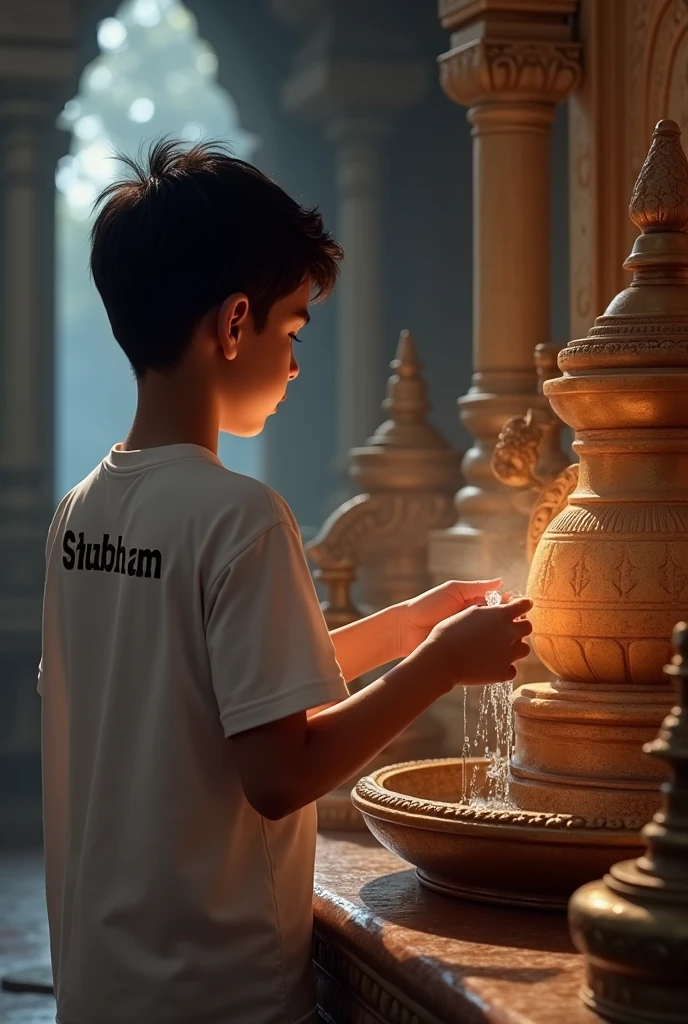 A  boy wear a white tshirt and printed on back "SHUBHAM" he is praying and dropping water on Lord shiva's shivlinga 4k realistic