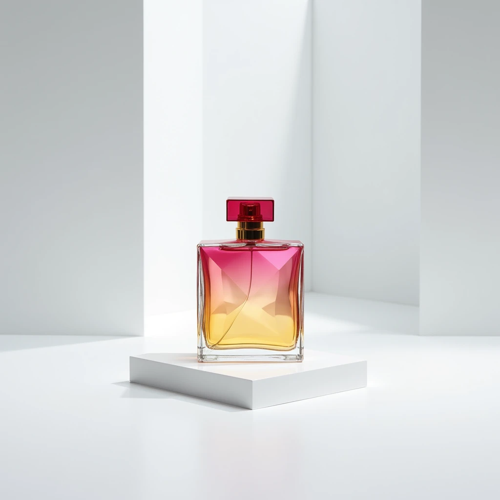 "A photograph with no people, featuring a light gray background. A colorful perfume bottle is placed on a white surface, creating a striking contrast in the minimalist setting."