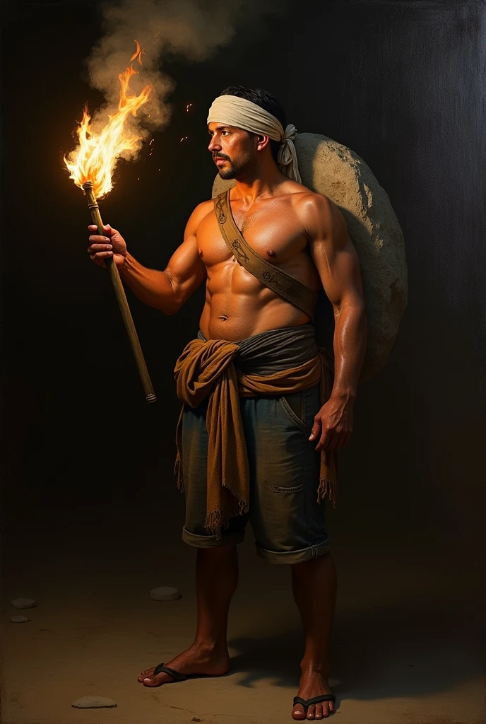 masterpiece, realist, high contrast, old painting style, Renaissance, Mexican man, with a flat stone tied, To his back, and held a torch, covering themselves from bullets, and with a rag tied around his head, black dark background, tenebrismo, Caravaggio style,