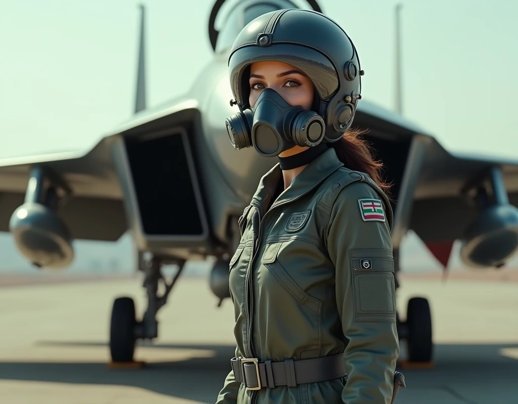 Aishwarya Rai wearing a fighter pilot suit, wearing a pilot helmet and oxygen mask, standing beside a fighter plane, full body view, far view,