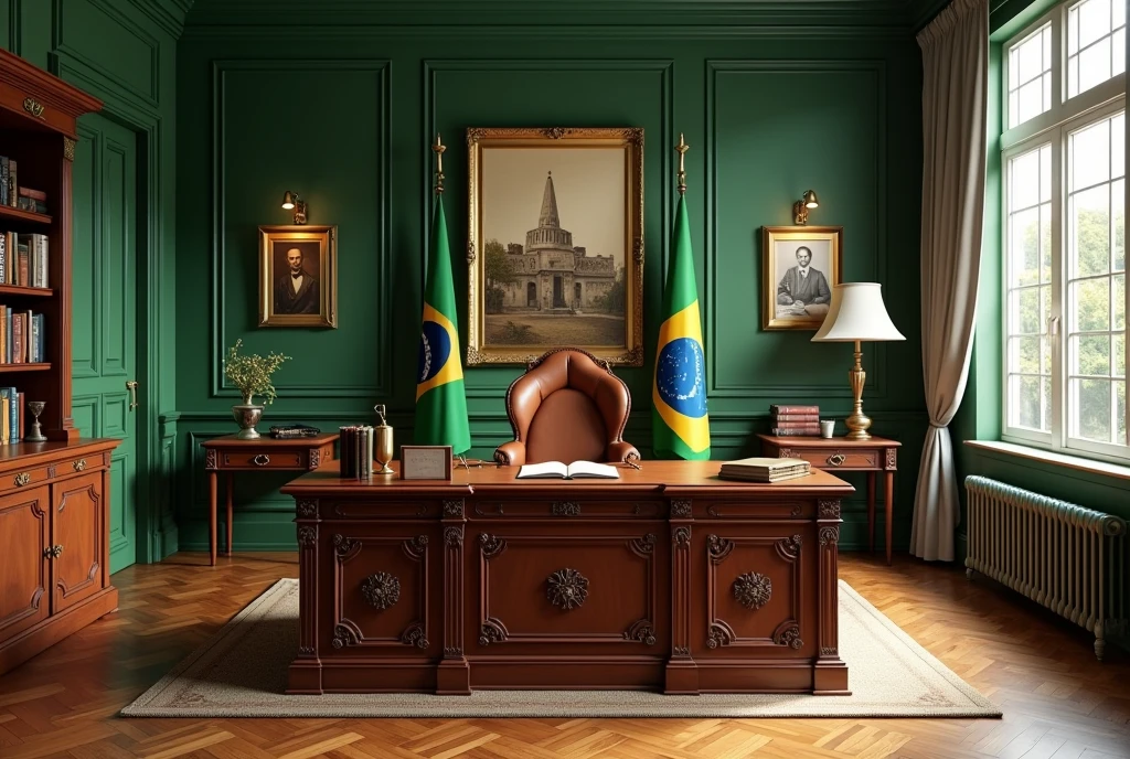 a detailed vintage office, green walls, a solid wood desk in the center, a chair behind the desk, intricate wood carvings, ornate brass lamp, antique books, two flags of the Brazil empire behind the desk, sepia-toned photography, oil painting on the wall, leather-bound journal, elegant curtains, hardwood floors, natural sunlight through windows, (best quality,4k,8k,highres,masterpiece:1.2),ultra-detailed,(realistic,photorealistic,photo-realistic:1.37),detailed vintage interior, ornate details, warm lighting, rich color palette