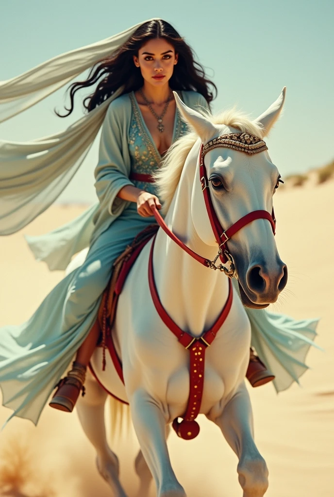 motion blur, Woman ride White horse, harness, red bridle, hand hold red reins , red saddle, stirrup , running sand ride White horse,Front view , exotic Persian girl is 20 years old, (Black hair ,long hair, Brown eye, Her eyes were outlined with kohl:1.3) , little Lips, serious, head band jewel), (big breasts, wide hip), (She wore a knee-length  light blue gorgeous design gown adorned with intricate embroidery, complemented by gold bangles and necklaces. A second, longer shawl covered her head and shoulders, framing her face like a white see-through veil), ((Surrealism, Verism, UHD, retina, masterpiece, anatomically correct, accurate, textured skin, super detail, high details, high quality, best quality, highres, 8k))
