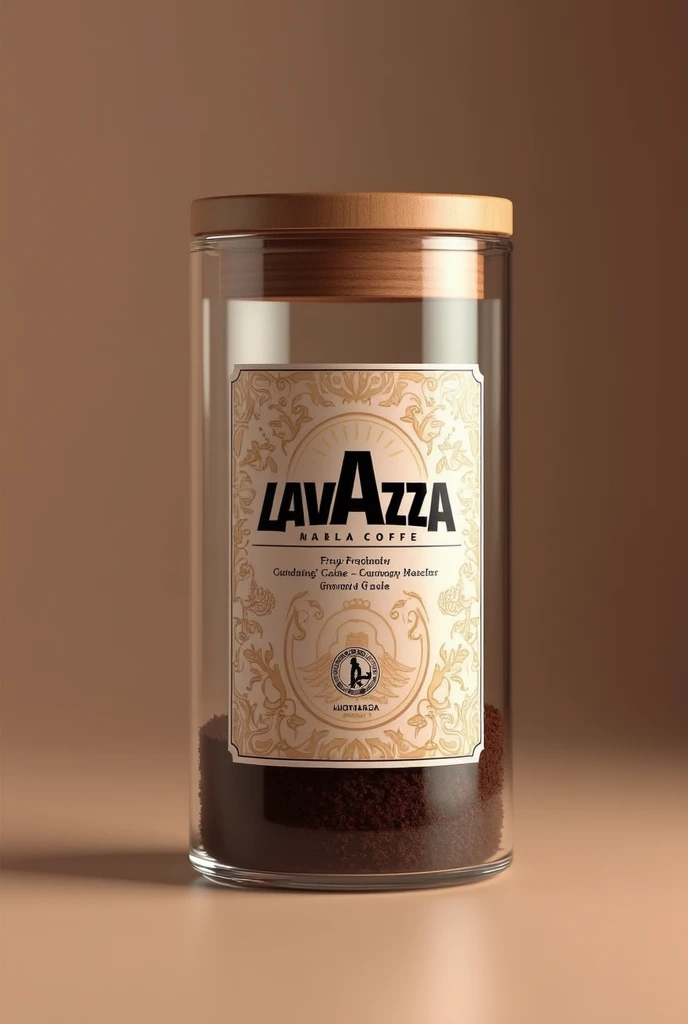 Make me a glass container, with sustainable ground coffee packaging and a Lavazza coffee label on the outside with pretty and different typography with pastel brown colors and a wooden lid. That it comes with a size of 3 kilos of coffee on the label