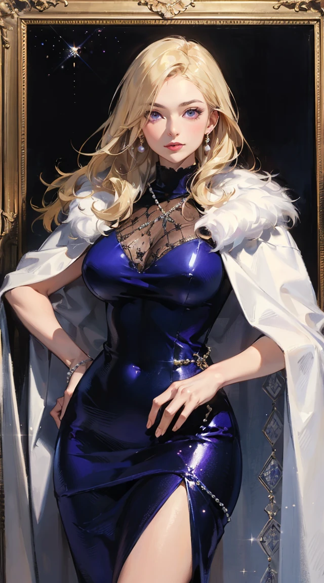 masterpiece, best quality, 1 girl, skinny body, pastel color, blonde hair, extra long hair, curvy hair, (perfect face), purple eyes, (perfect face), detailed eyes, deep purple long turtleneck dress, glitter dress, lace cape, gems, pearls embroidery, elegance gala, luxury interior, shine, portrait, ((fur shawl)), sipping champagne