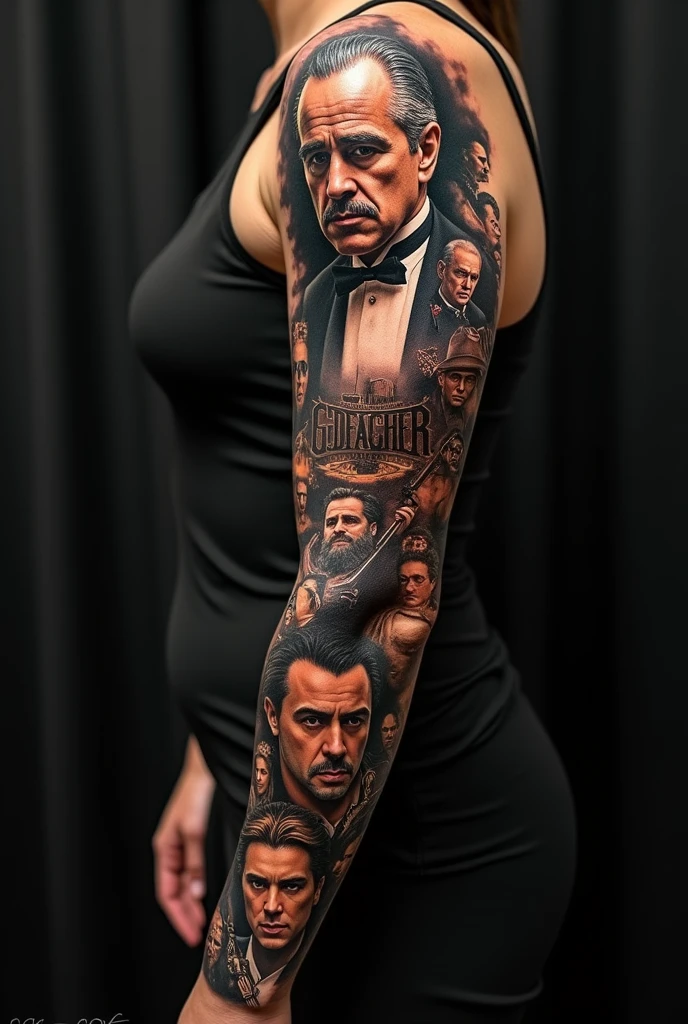 Godfather movie tattoo with characters from the movie on the whole arm
