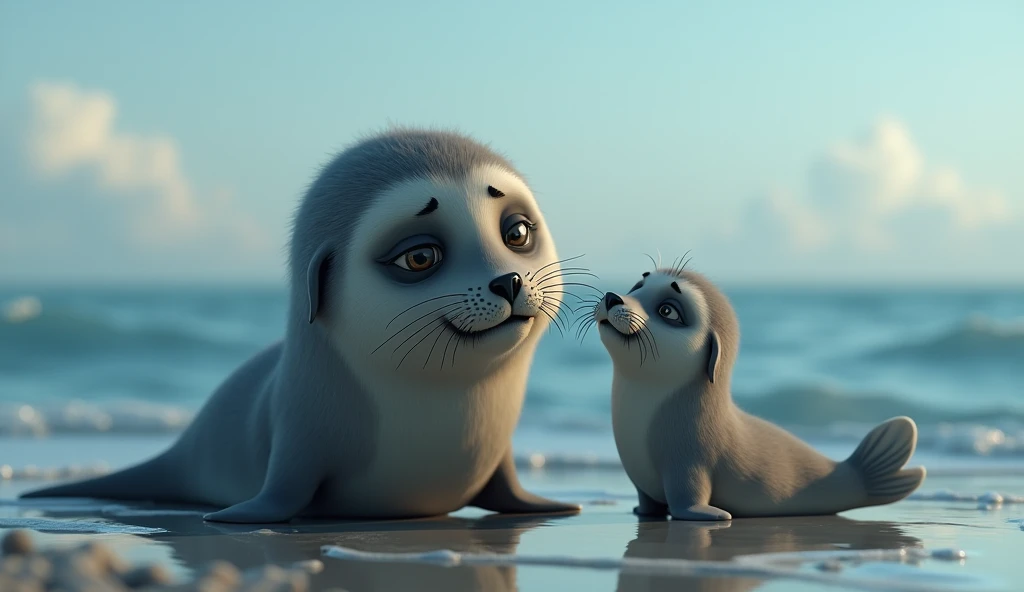 Image:* seal mother looking weak and tired, with baby seal observing her with concern.
Cinematic cartoon 3d style