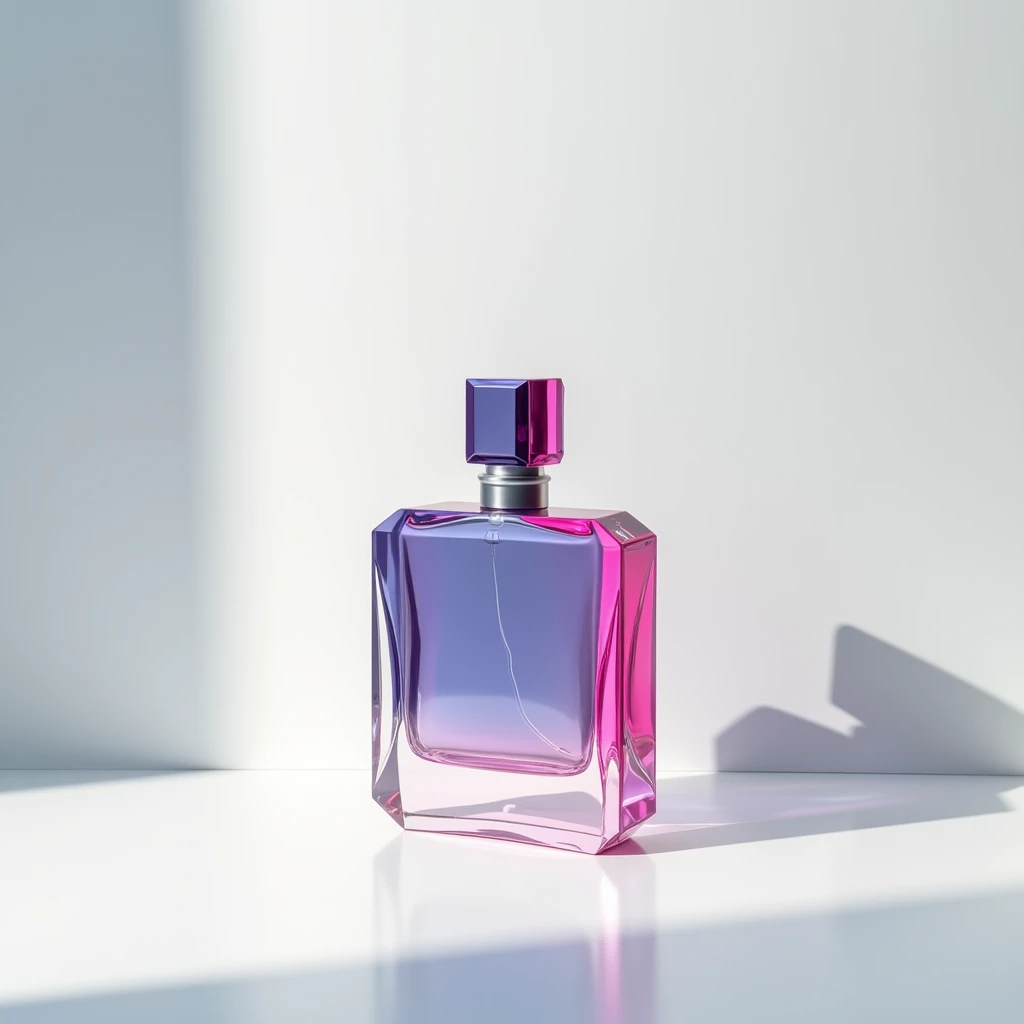 "A photograph with no people, featuring a light gray background. A colorful perfume bottle is placed on a white surface, creating a striking contrast in the minimalist setting."