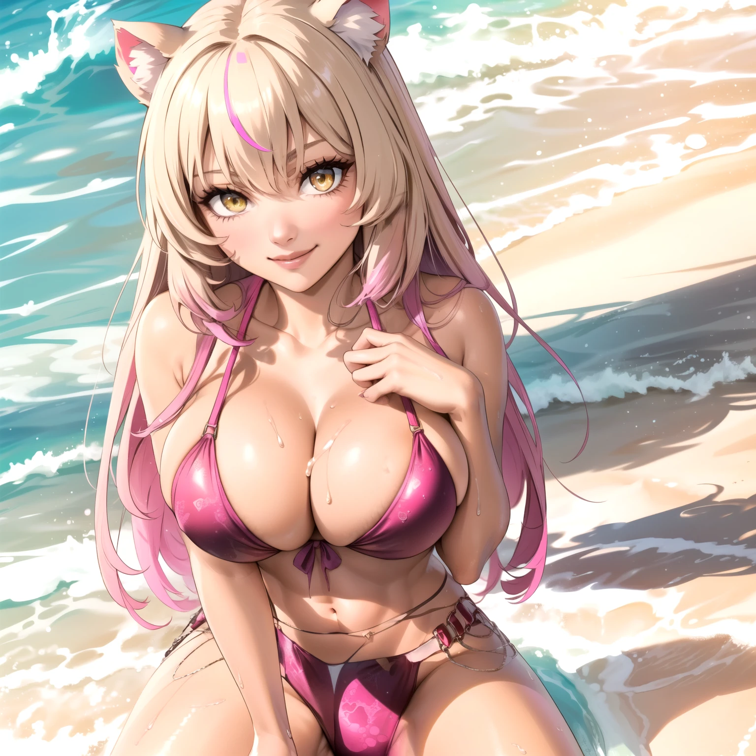 Woman 2, straight blonde hair with pink tips, yellow eyes, cat ears, brown skin, tanned skin, smile, black bikini, fondo playa de White sand, whole body. perfect hands. drops of water on the chest, arms behind the back, chest sticking out, playa de White sand, White sand. medium breasts, showing her breasts. black bikini,