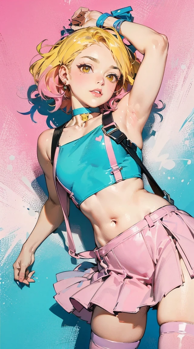 (((masterpiece, best quality))), (((thicker lines))), (((super sharp focus))), (1boy, femboy, otoko_no_ko, androgynous, Otoko no ko, Male focus:1.21), (kodona), (((decora))), (blonde hair:1.22), (gradient hair:1.33), (pink hair:1.1), (very short hair:1.33), (twintails:1.1), (((yellow sparkling eyes))), (((slanted eyes))), (((long eyelashes))), ((lips)), earrings, ((choker)), (((pastel pink strapped crop top))), (((pink harness, bondage outfit, bondage_outfit))), ((pink nails)), (((pastel pink miniskirt))), (((pastel pink thigh-high stockings))), (((pink platform boots))), (((posing for viewer))) (((upper body shot, atmospheric perspective))), ((pastel)), ((kawaii pastels)), (((glitter))), ((scenery)), (((blue sky, flowers, park))), ombre, ombre hair, add_detail:0.5, add_detail:1, add_detail:1, add_detail:0, add_detail:2, InkAnime, RETRO ART STYLE, NEON_POP ART STYLE, ART STYLE, kahuka1, COLORFULMIX, MULTICOLORED HAIR, WAVY HAIR, COLORFULMIX, MULTICOLORED HAIR, WAVY HAIR, mksks, colored eyelashes, white eyelashes, Kawaii, cute, pretty, anime, pastel, neon, sayo, sayo