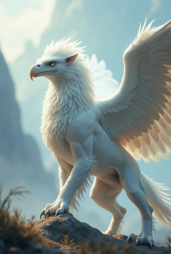 Griffon ready to take off、(((Eagle's headと翼:1.5)))、(((Eagle's head、Sharp beak、white beak)))、Lion&#39;s body:1.5、god獣、Pure White Griffon、Albino Griffon、god聖的な生き物、god々New Griffon、Rinと立つ鋭い目つきのグリフォン、Rin々Standing、mist、幻想的なmist、Beautiful sight、