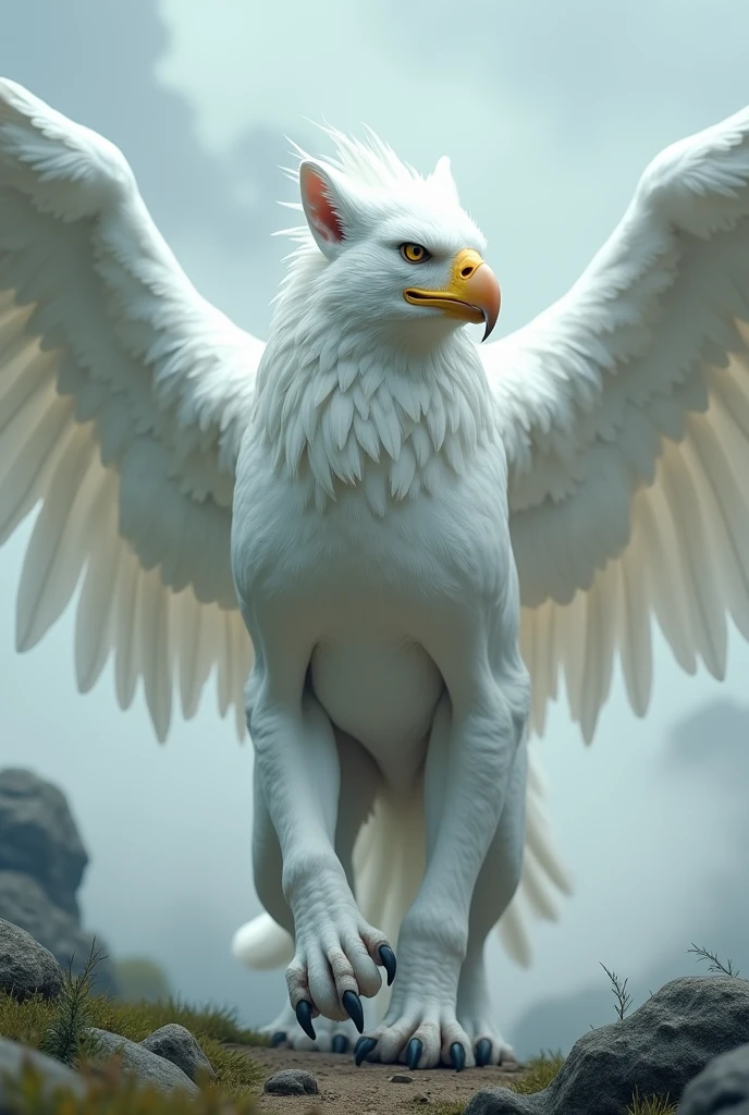 Griffon ready to take off、(((Eagle's headと翼:1.5)))、(((Eagle's head、Sharp beak、white beak)))、Lion's body:1.5、god獣、Pure White Griffon、Albino Griffon、god聖的な生き物、god々New Griffon、Rinと立つ鋭い目つきのグリフォン、Rin々Standing、mist、幻想的なmist、Beautiful sight、