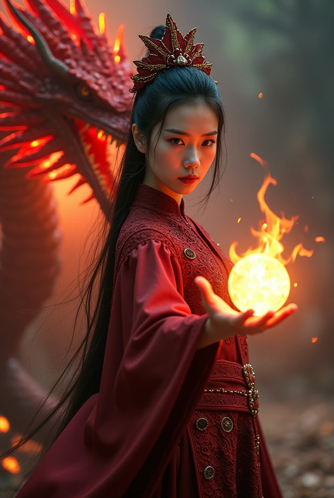 Photography of a 20 year old Asian woman, white skin, Oval face, long hair, Masterpiece, good, witch costume, In hand holding a fire orb, There is a red-crested dragon floating behind.