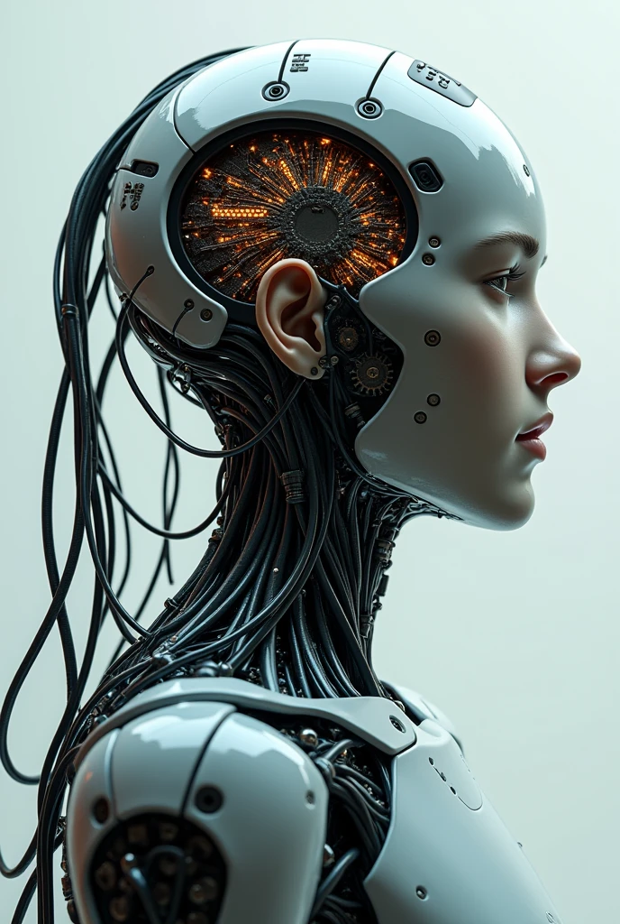A futuristic robot man , half body and profile, that the brain is made of circuits and cables that is in a posture of thinking Without a bottom, with more than 300 resolution 