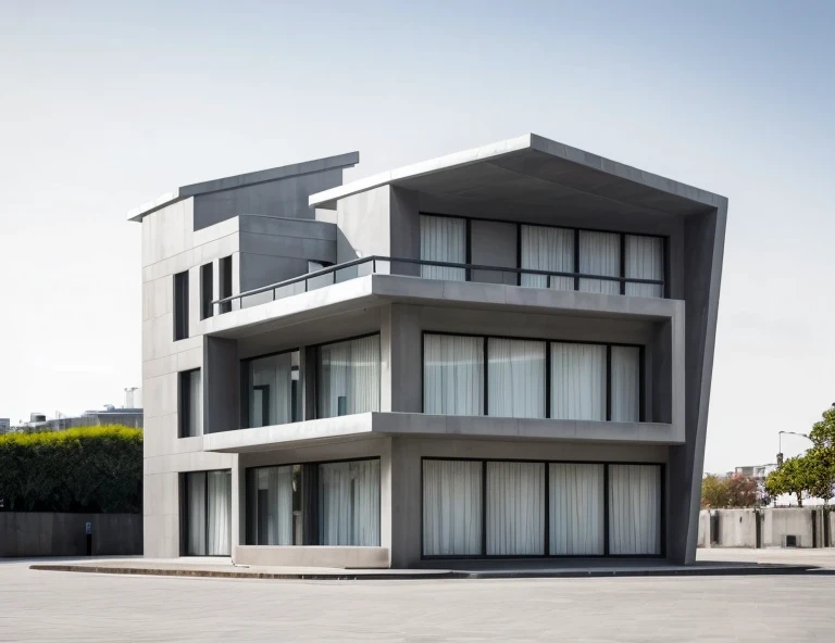 exterior building, glass windown, modern style, building have 2 kind of color in facade with Gray color in the small protruding shape and light color for rest, An ultra-realistic, award-winning shot of a futuristic villa designed by Le Corbusier, inspired by the photography of Ezra Stoller, captures the building in the harsh, midday sun, with sharp, high-contrast reflections and bold, Shot with a Phase One XF IQ4 and a 50mm Schneider Kreuznach lens, the image emphasizes the building's avant-garde design and the mesmerizing play of light and reflection, creating a visually striking architectural statement. building in the city




