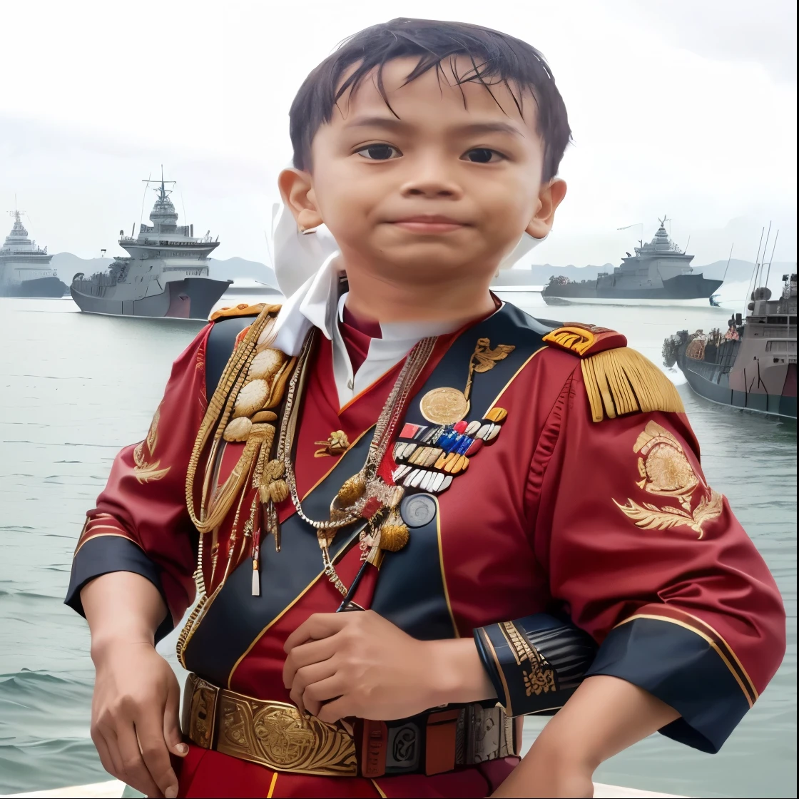 Wearing complete Indonesian military uniform,stand do at as warship