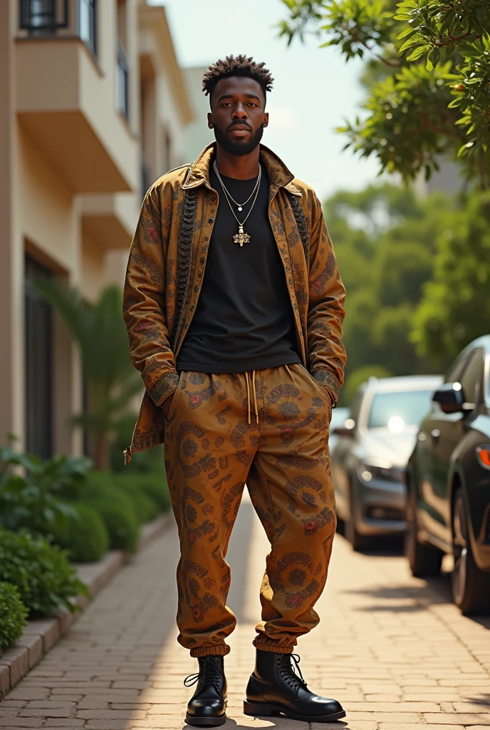 (photorealism:1.2), music artist Muncho Lee, standing outside a serviced apartment lekki lagos, high fashion clothes, soft lighting, plants and cars in background, relaxed pose, realistic, intricate details, warm colors, by Greg Rutkowski, by Alphonse Mucha