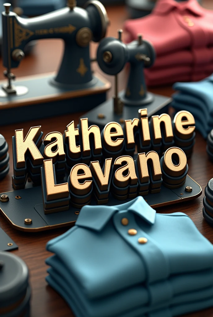 Word katherine Levano R.  in 3d with background of sewing machines and polo shirts