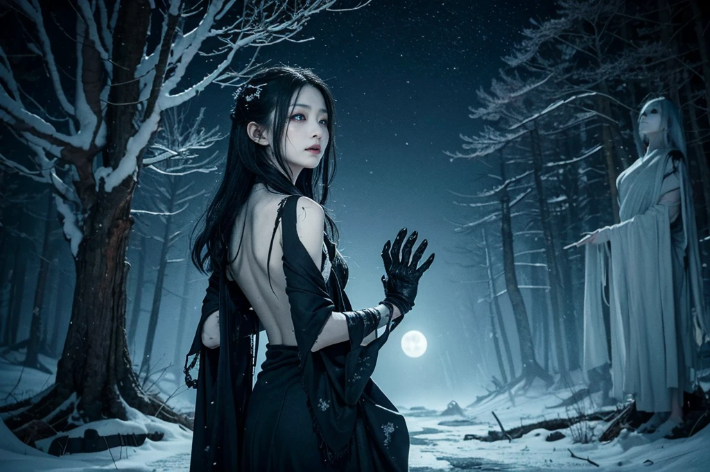 "Include blood, gore, violence, wounds, injuries, corpses, decay, rotten elements, horror elements, scary faces, monsters, grotesque details, mutilation, dismemberment, dark themes, disturbing content, graphic content, explicit content, nightmarish elements." Include unsettling details, with intense focus on sharp, menacing features. Emphasize dark, shadowy elements that obscure and distort, creating a sense of impending doom. Add bloodstained textures and fractured surfaces to enhance a gruesome, nightmarish effect. Incorporate twisted, elongated limbs or appendages that move unnaturally. Highlight eerie, glowing eyes that pierce through darkness, reflecting a deep malevolence. Add hints of decaying or decomposing elements to suggest an ancient, cursed being. Use jagged, irregular forms and sharp edges to evoke a feeling of dread. Surround the figure with an aura of oppressive, foreboding darkness that creeps into every corner of the scene **Prompt:** Create an ultra-realistic 8K image of Yuki-onna, the snow spirit from Japanese folklore, reimagined as the terrifying star of a horror movie. Yuki-onna retains her iconic features: pale, almost translucent skin that glows eerily in the moonlight, and long, jet-black hair that cascades down her back, partially obscuring her face. Her icy blue eyes pierce through the darkness with a haunting, otherworldly gaze. She wears a tattered white kimono that blends into the snowy landscape, making her appear as if she is emerging from the very ice itself.
The scene is set in a desolate, snow-covered forest under a full moon. The trees are bare, their twisted branches reaching out like claws. A chilling mist rolls through, shrouding the ground in an eerie fog. Yuki-onna stands in the foreground, her expression cold and emotionless, with a sinister smile just beginning to form. Her hands, elongated with sharp, claw-like nails, reach out as if to grasp the viewer, while the air around her freezes, creating a crackling sound that a