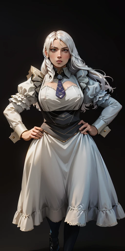 (black background) 1soloefemale, full body low angle, from below, A detailed, 8K high-definition digital art masterpiece depicts a muscular, white-haired female paladin templar in a Victorian maid outfit, standing symmetrically with her hands on her hips, viewed from below