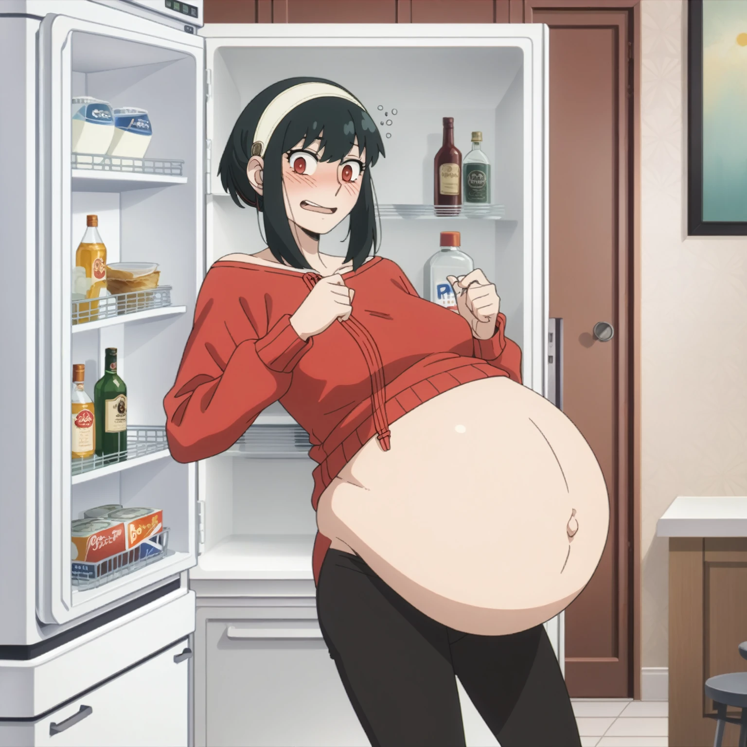 I look at the viewer, One, yorforger,1 girl, ((medium breast)), ((belly stuffed)), ((huge belly)), ((Very drunk)), ((staggers)), black hair, Red eyes, short hair with long strands, white hair band, from the shoulder, red sweater, black tights, ((drank too much)), ((exhausted)), ((excited)), ((in front of the refrigerator)), ((Outdoor refrigerator)), ((lean on the fridge)),