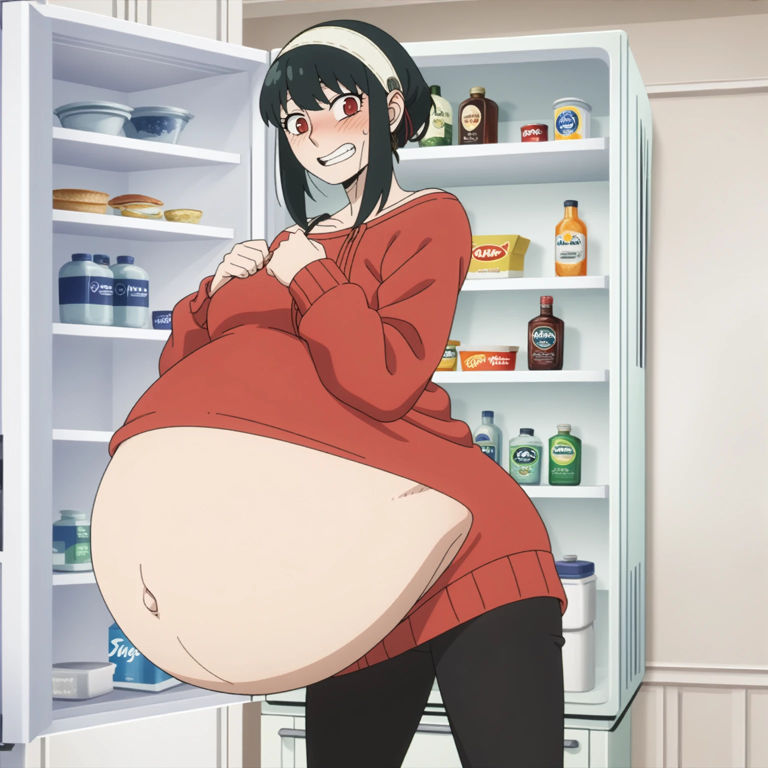 I look at the viewer, One, yorforger,1 girl, ((medium breast)), ((belly stuffed)), ((huge belly)), ((Very drunk)), ((staggers)), black hair, Red eyes, short hair with long strands, white hair band, from the shoulder, red sweater, black tights, ((drank too much)), ((exhausted)), ((excited)), ((in front of the refrigerator)), ((Outdoor refrigerator)), ((lean on the fridge)),