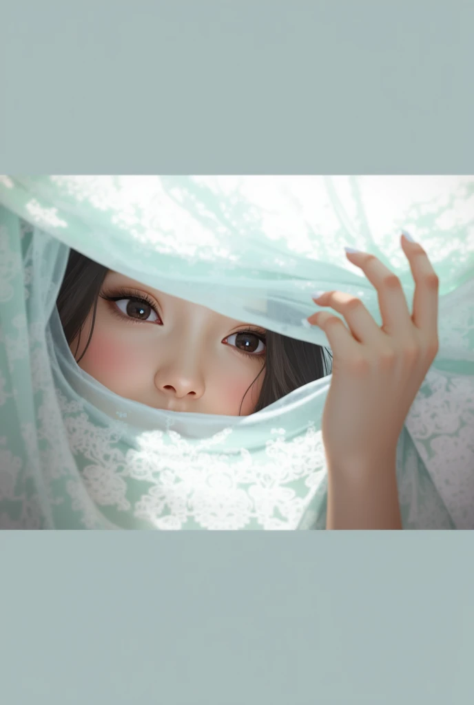 Woman wrapped in curtains、Lace curtains、beauty、韓国人beauty、裸のbeauty、Intricate lace curtains、Long Hair、歯を見せてlolう、looks fun(lol)、Perfect Proportions