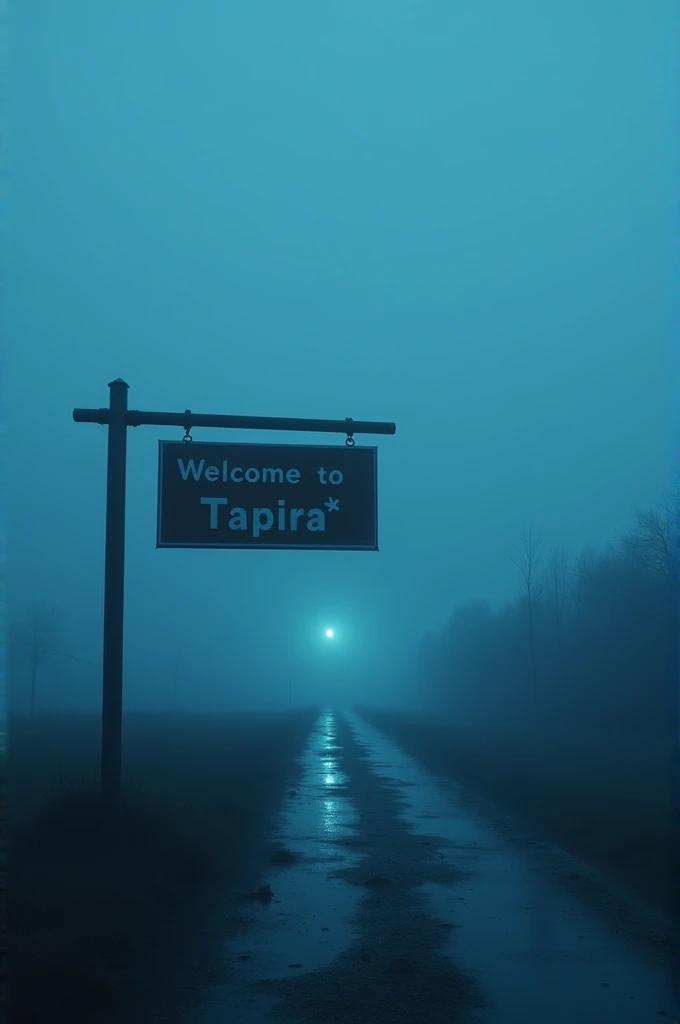 Imagine a dark scene with a bluish tint, conveying a sense of melancholy. The scene takes place in a completely empty location., where the fog covers the ground, obscuring the view in the distance. Light is dim, almost non-existent, but there is a soft glow that reflects in the mist, creating shadows and diffuse contours. The environment seems cold and desolate, with a feeling of loneliness permeating the air. E uma placa escrito: Bem vindo a Tapiraí