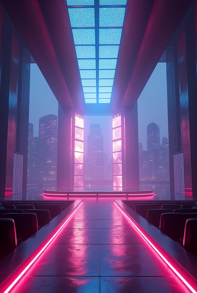 Create a cyberrealistic front stage design only to people with a small runway for pageantry with LED screens inside a city skyscrapers motif, with LED screens and beam lights in the ceiling add screen in front facing to people with design outside the screen