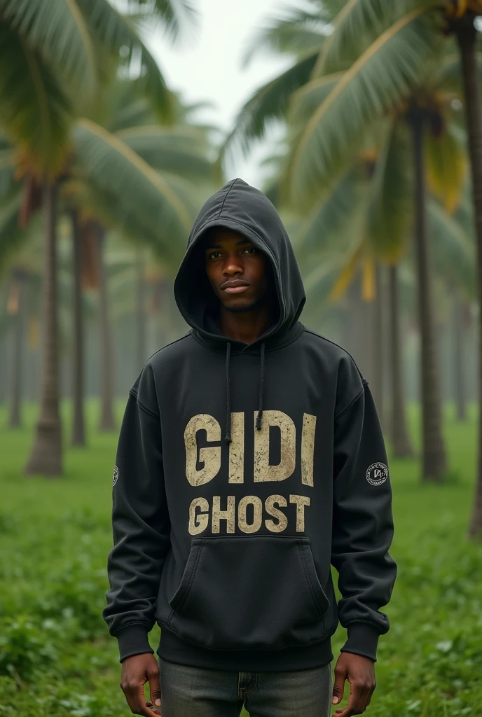 A young man wearing a hoody name on the hoody GIDI GHOST standing under the coconut plantation 