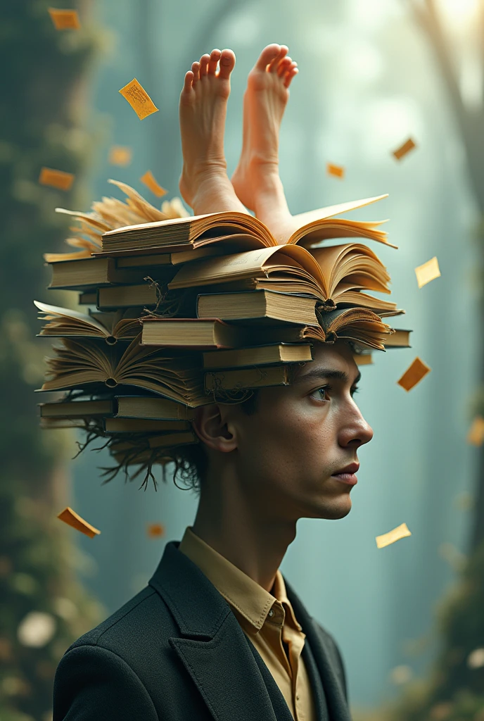 A Man with a Brain Made of Books,have feet growing on the head