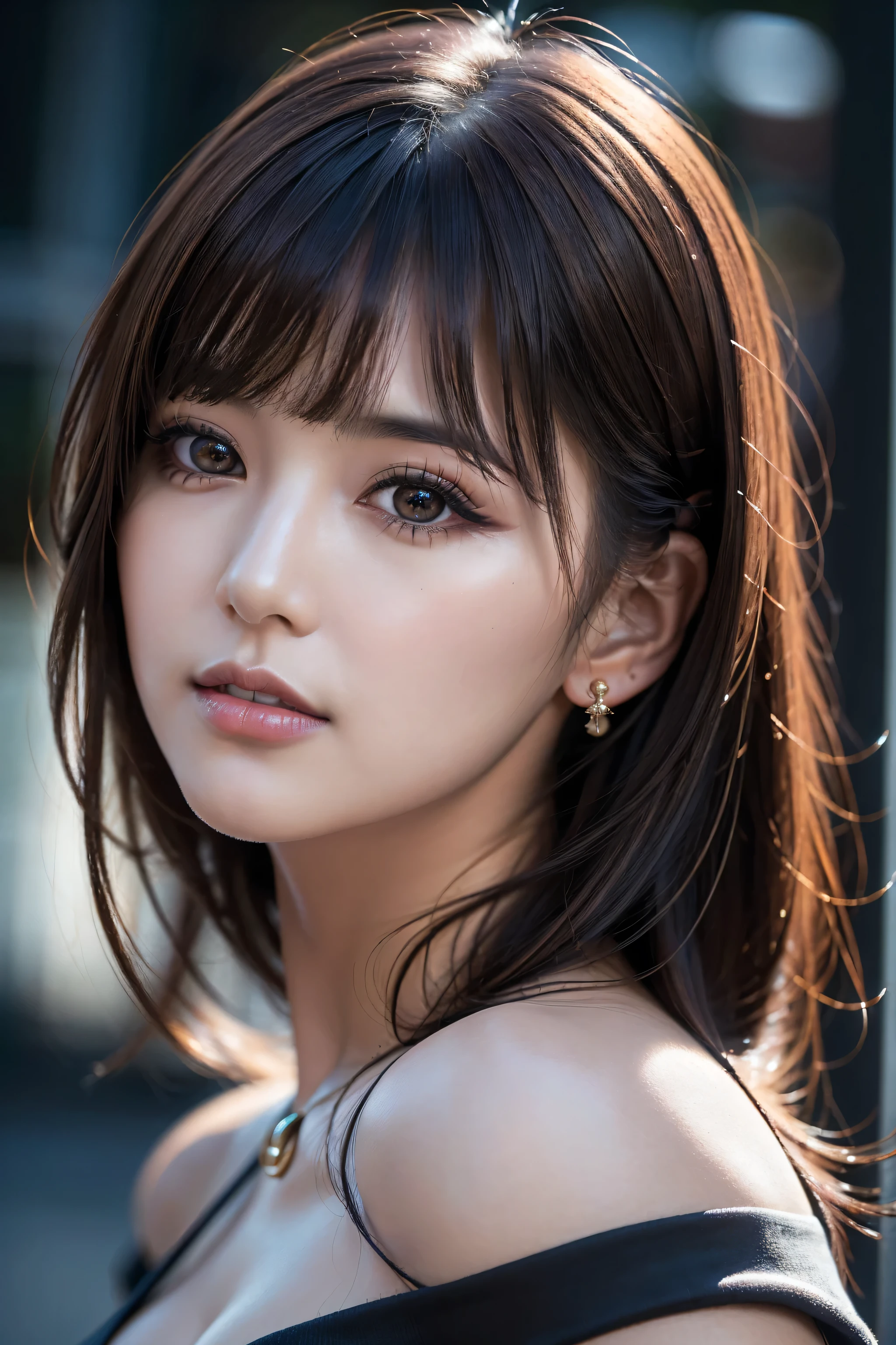 Realistic (photorealistic Realism,highres,masterpiece:1.2), ultra realistic details: velvety skin, pupils. (best quality photography, professional photography), (glamour shot of girl:1.2), masterpiece, best quality, ultra-detailed, intricately detailed hyper detailed, realistic, sharp features, highly detailed, sharp focus, A very beautiful and cute young Japanese girl, perfect face, perfect symmetrically eyes, perfect lips, flexible female form, hyper detailed, hyper realistic, high resolution, Underexpose Lighting, slim body, (discret smile, gentle expression), Red hair, thin hair, asymmetrical bangs, brown Eyes, black sweater, cowboy shot, ((Dark background)), (Dark room:1.3), (rim light:1.3), (Dimly light:1.3), (Dark night:1.3), (dark fantasy),