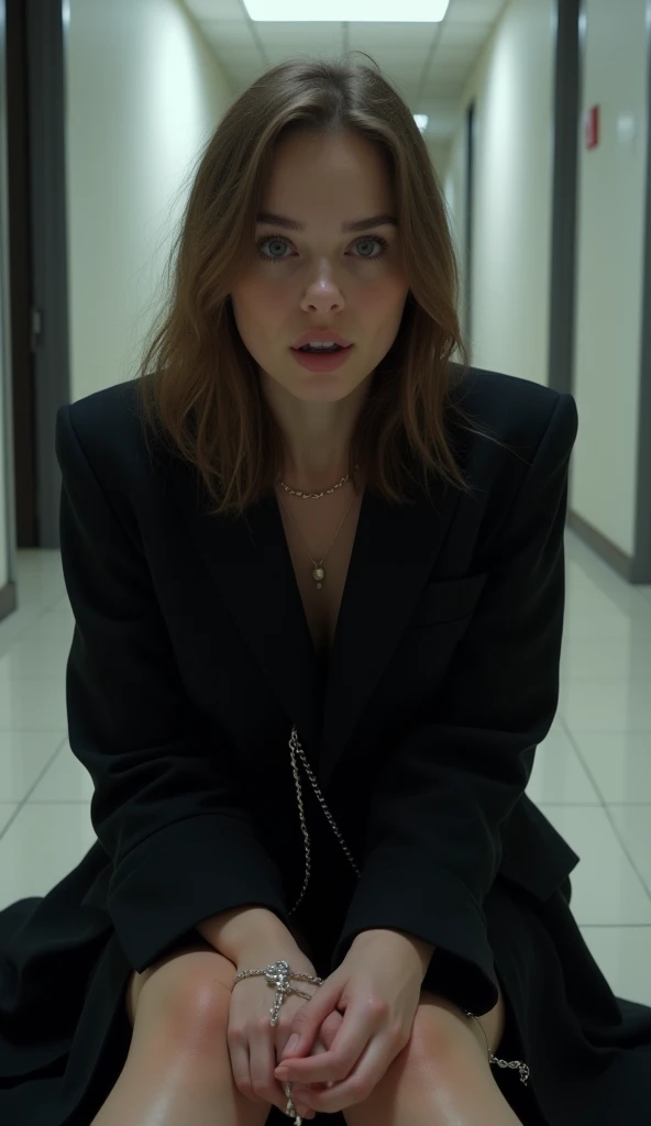 blowjob pov, wearing black coat of corporate office, bondage on hand, blow job sitting on knees on floor, young girl, no dick, looking at you with mouth open, front view, no side view, full body black view, submissive, , light background, white girl of