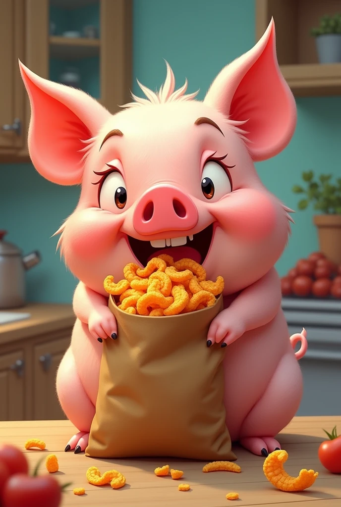 You could make a pig eating pork rinds that is more cartoonish.