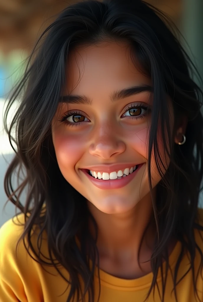 a girl with light-skinned Brazilian features, straight black hair and a wide smile, slanted eyes and arched eyebrows