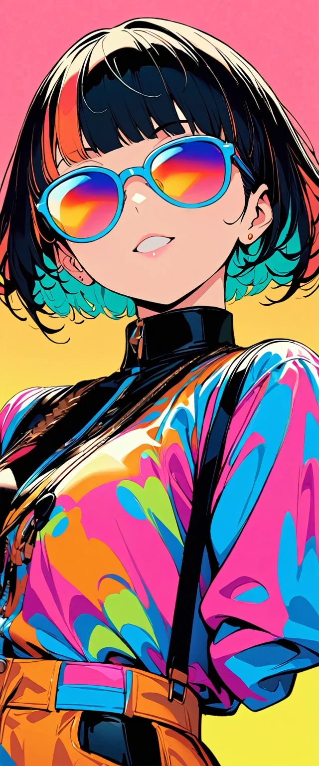 (highest quality:1.2, City Pop Style, Very detailed, Latest, Vibrant, High Contrast, masterpiece:1.2, highest quality, Best aesthetics), girl, ((Face Up Shot:1.4)), Colorful Hair, Bobcut, pastel colour, 1980s style, Retro, Vintage, ((Single color background)), (sunglasses).