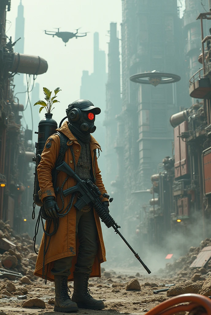
Aerial View of panoramic distopic city, drones, metal, steel, sky line, britge, gate, resistence, hologram, rusty metal, space ship, mega structure, oxygen Mask, ,oxygen tank with palnt in side, Wearing scrap clothes, metal gears, sniper, weapons, spikes, leather trench coat, pipes apparent, Apparent installations, machine scrap exposed mechanic cabling, a screenshot inspired by Mad Max, Neon Ligth, Trash, Garbage, Blade Runner, robotic scrap, android scrap, cyborg scrap, tumblr, dau-al-set, wearing apocalyptic clothes, ornate cyberpunk robes, chains, debris, smog, Vehicule Scrap from Mad Max, dressed as an oracle, tattered robes, intricate costume design, cyberpunk fashion clothing, still from a fantasy movie, post apocalyptic attire, mechanic exposed, cables, scrap, sky line of ruins.