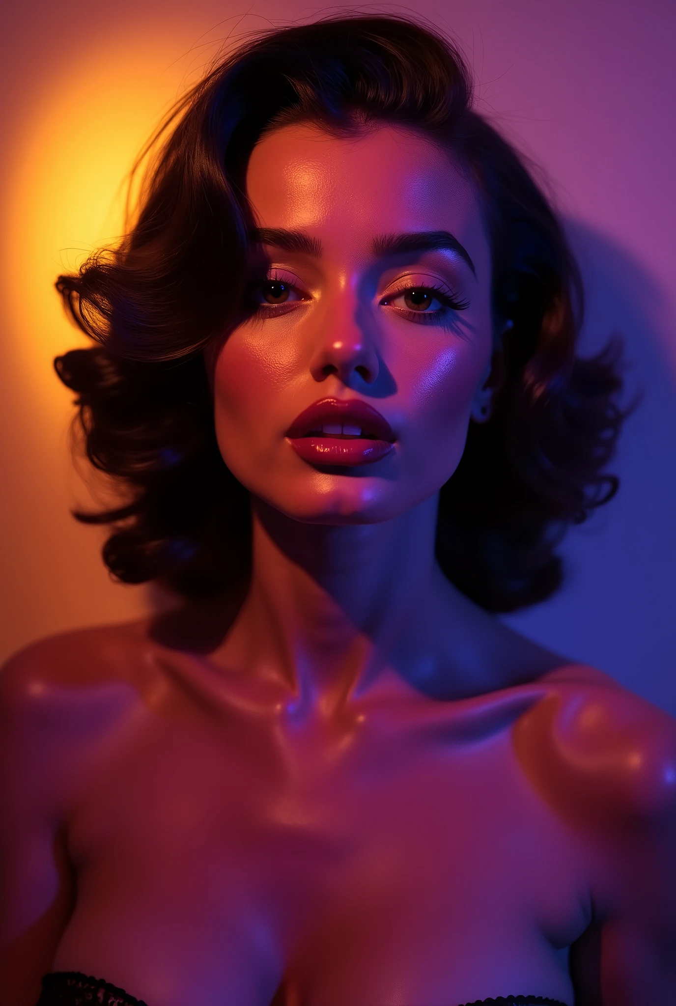 Retrato de Marilyn Monroe, with black hair, with orange yellow lights illuminating most of it and purple lights coming from below in a studio with an empty background