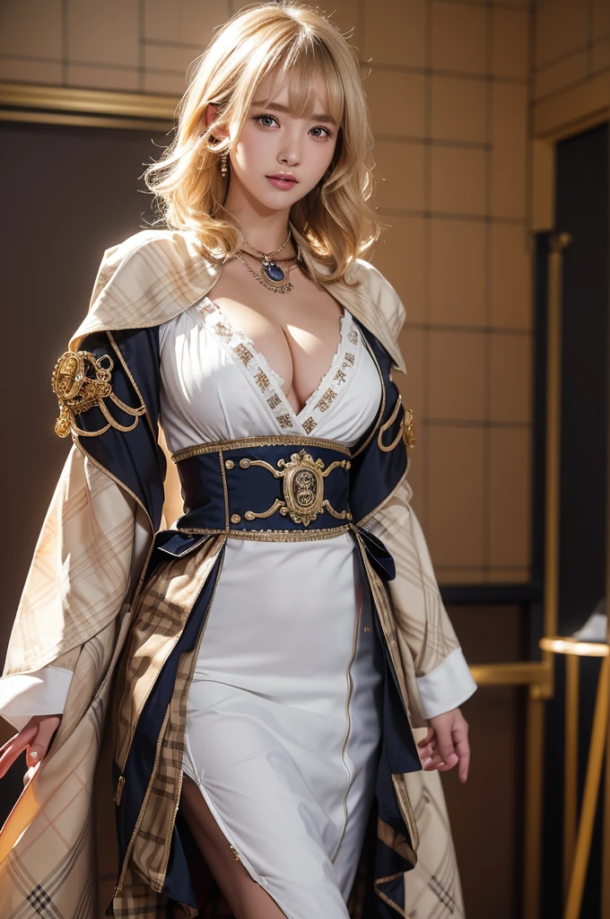 Woman portrait、Highest quality、8k, clear, Fine skin、Clear, beautiful eyes、The beauty of a smile、Bright beautiful face、whole body、Curly Hair、My hair was messed up by the wind、(Big Breasts、Muscular、tall),(Hip_superior, Hip superior), Beauty,( Watching the audience),Realistic, High resolution, Soft Light,1 female, One person,(blonde hair),short hair,bangs,Fine Skin, Naughty look,((Burberry Checkの胸元の空いたスチームパンクのkimono,plaids,Mature Woman,white dress shirt)),steampunk style、Costumes decorated with lots of gear and watches,(Burberry Check,Sailor-style armor with collar)、Beautiful Steampunk Guild Staff Costume Banker Uniform,(Burberry Checkのメカ,Silver Steampunk Kimono, High-tech Mecha,Beads,elbow gloves、Gemstone Helmet,Luxurious obi,Lavish decoration, High leg)、((arms behind back)),(bokeh),(studio lighting)