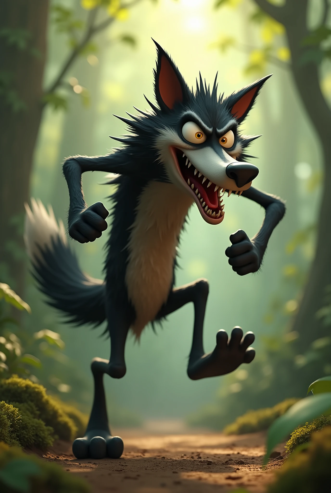 pixar style, sideview of a 3D cute but revengeful mischief black furry wolf with grey snout and belly, with realistic black fur, 3D illustration, captured in a highly exaggerated cartoonish pose blowing air from mouth with full force. The wolf's body is twisted as if it's blowing air, with its cheeks puffed out and lips rounded. The wolf's legs are bent, and its arms stretch backward, emphasizing the comical exertion. The expression on the wolf's face is exaggerated, with large eyes, furrowed brows, and a humorous intensity. (1male wolf:1.2), (sinister and mischief expression:1.5), dark behaviour, lean build, (disproportionate body long nose and mouth), (realistic fur texture), (jungle background:1.4), sunlight filtering through the trees, (soft lighting:1.3), (green and earthy color scheme:1.3), (highly detailed), (ultra quality:1.3), (masterpiece), (digital art), 8K resolution, HDR, depth of field, (soft shadows), (photorealistic:1.3), (animation:1.2), (by Greg Rutkowski:0.9), (in the style of Alphonse Mucha), trending on ArtStation, award-winning art