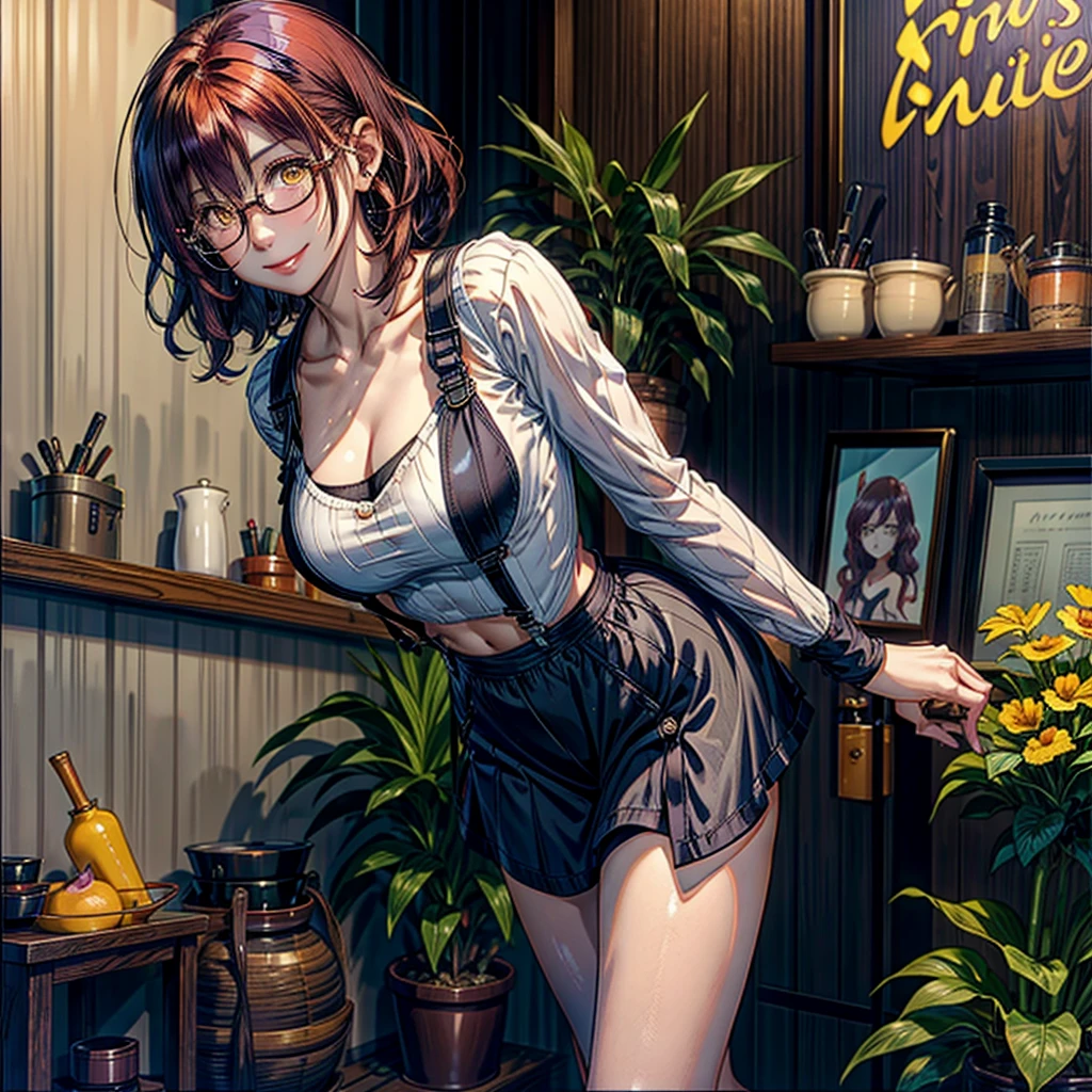 1 woman, short hair, Curly hair, natural redhead, yellow eyes, round glasses, smile, smile coquette, sassy Girl, coquette, chest a little big, purple overalls skirt, white long sleeve sheer shirt, standing, moles on the lip, indoor garden, Sol natural, Whole body.