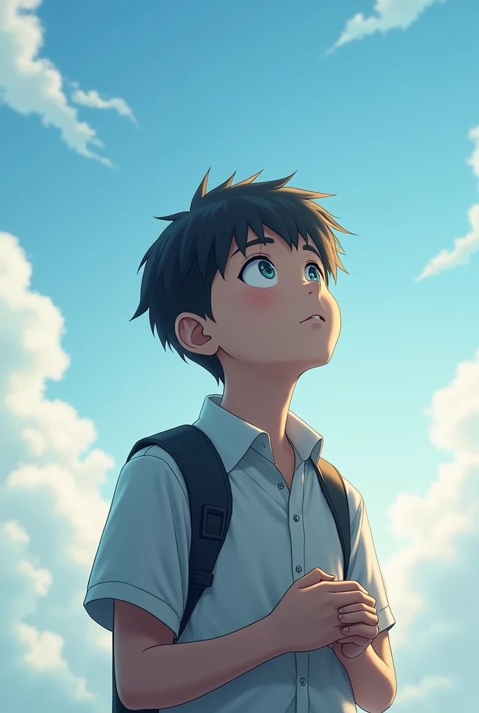 Small boy like year 9 year thinking about his future and. Head is up to see sky