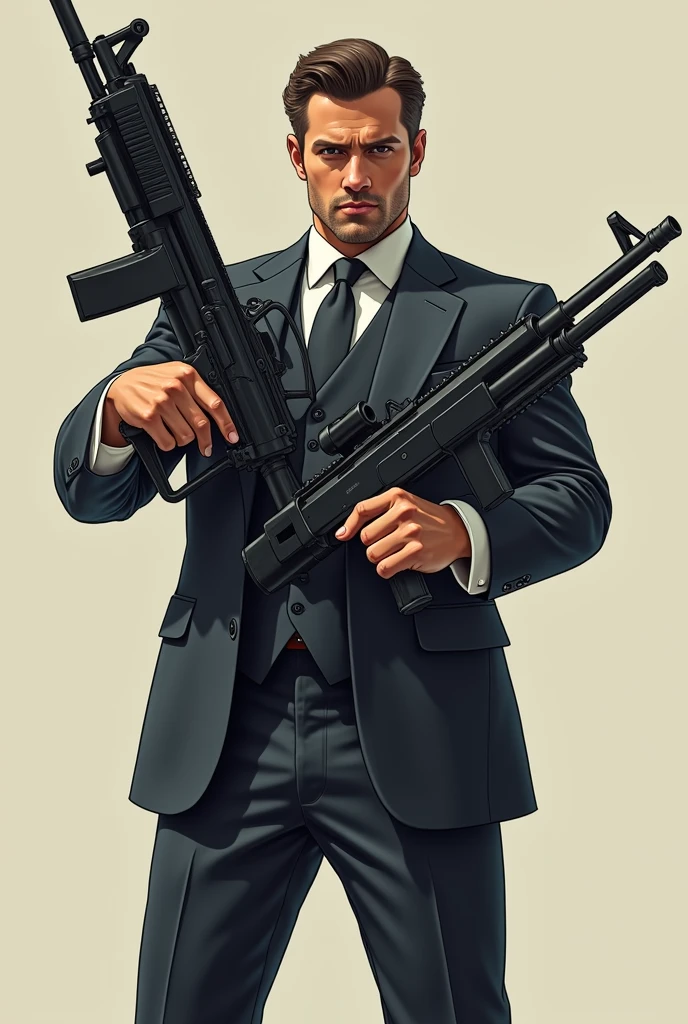 A 30 year man who wears a suit have a big machine gun in one hand and machine gun rest on his shoulder , looking at screen realistic image face and body properly visible body facing front side while man looking left side man alon in image make it cartoon effect
