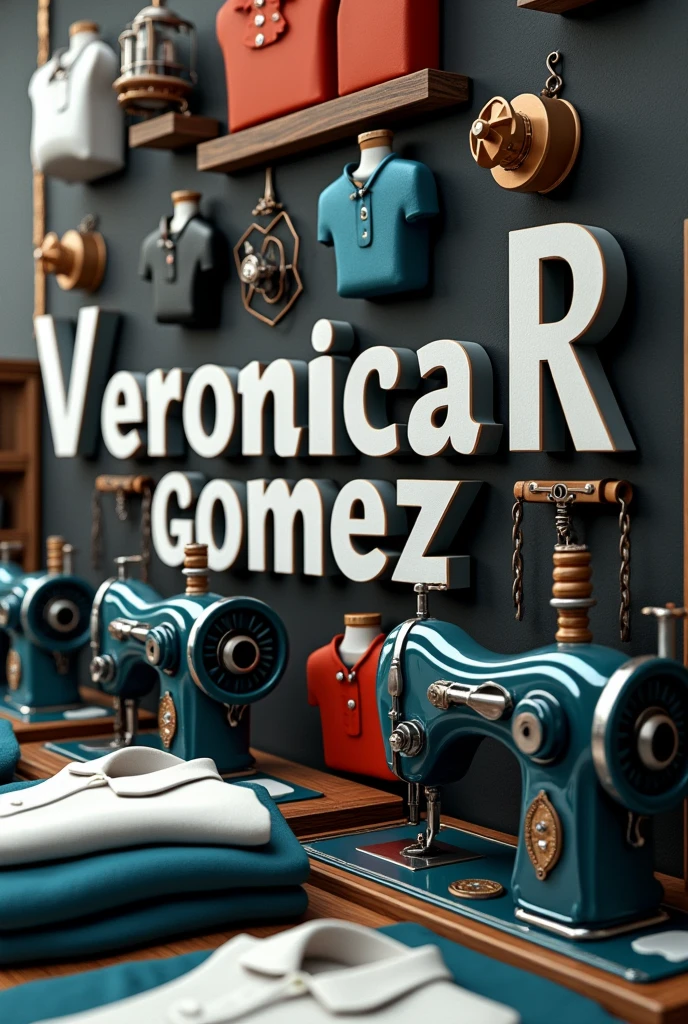 Word Veronica Gomez R.  in 3d with background of sewing machines and polo shirts