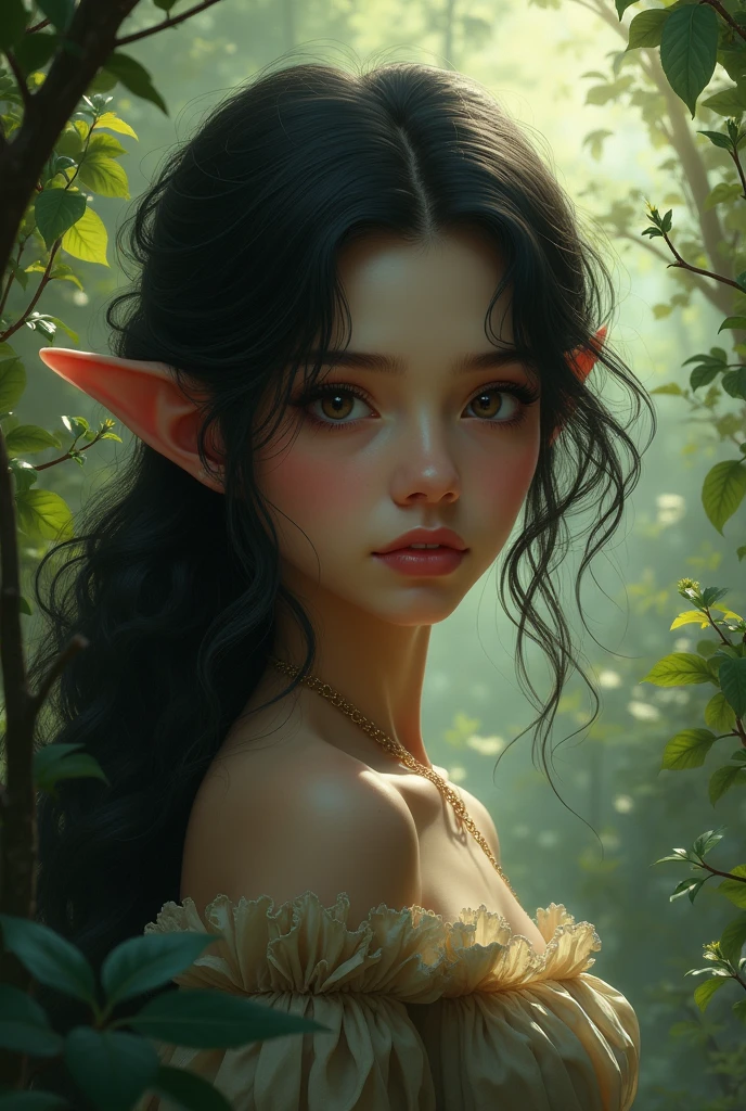 Image of a girl with mixed skin, black eyes and dark hair that looks like she came out of a fantasy story in an enchanted forest, with normal ears 