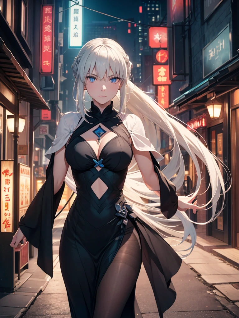 (masterpiece、top-quality、hight resolution、Unity 8k、extremely details CG:1,Best Picture), morgan le fay(fate), (Silver Hair, Long ponytail), "A woman holds the protagonist's hand and stops in front of a love hotel entrance. It's evening, and they are on their way back from a date. The woman's expression is a mix of hesitation and affection, as she gently squeezes the protagonist's hand. The background shows the subtle lights of the love hotel, casting a warm glow on the scene. The atmosphere is intimate, with a sense of anticipation in the air."