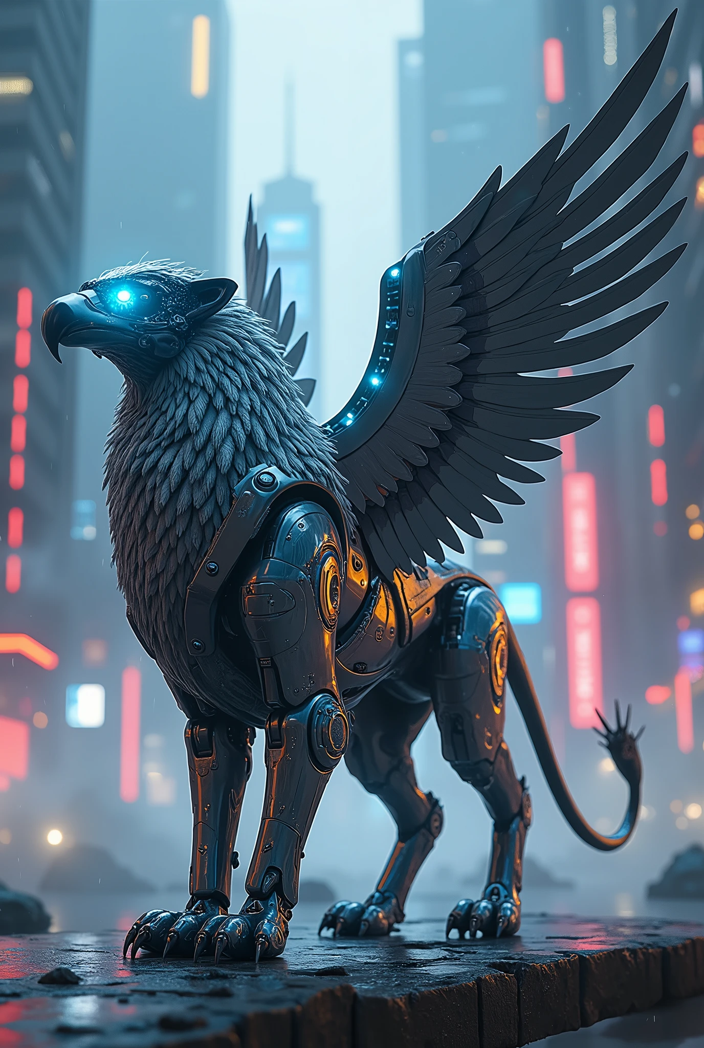 A majestic Griffin with a cybernetic twist, blending the organic form of a lion and an eagle with advanced futuristic technology. The Griffin’s head, wings, and front claws are made of gleaming, metallic cybernetic parts, glow eyes, with glowing blue circuits running along its body. Its eyes shine with a piercing, artificial intelligence, and its wings have sharp, metallic feathers that can retract and extend with precision. The lion’s body is covered in a sleek, metallic exoskeleton, with powerful mechanical legs and claws. The Griffin stands on a futuristic, dystopian landscape with towering skyscrapers, neon lights, and holographic displays in the background. The scene is illuminated by the glow of city lights and holographic projections, with digital rain and mist adding to the atmosphere. The Griffin exudes an aura of power, mystery, and advanced technology, embodying the perfect fusion of organic and mechanical in a breathtaking vision of the future.