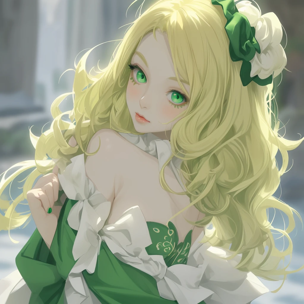 draw a white-skinned woman, bright green eyes short wavy hair, blonde, jester&#39;s hat, black top, short skirt, small bust, short hair, happy, High resolution, looking at the viewer, blush, alone