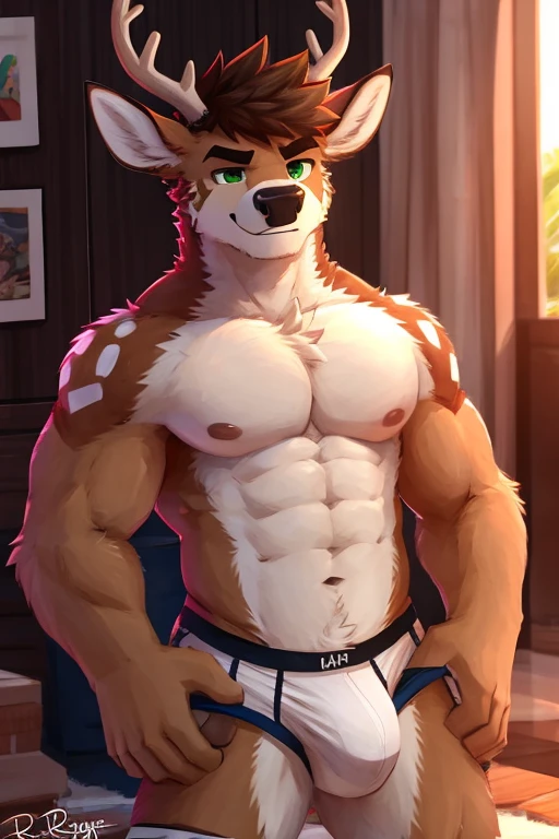  alone, deer , detailed face, rude face, detailed body, whole body, 5 fingers, Detailed hands, green eyes, detailed eyes, raising eyebrow, thick eyebrow, short hair, Brown leather, 2 arms, , Men underwear, white underwear, por pache riggs